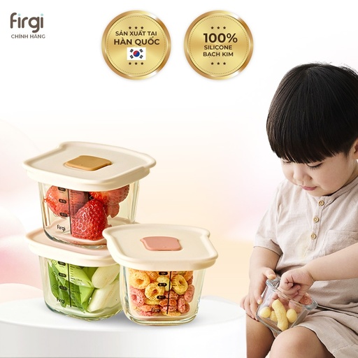 Bộ 3 Hũ Thủy Tinh Đựng Thức Ăn Dặm Cho Bé Firgi Hàn Quốc Có Vạch Chia Dung Tích (Kèm Nắp Đậy)