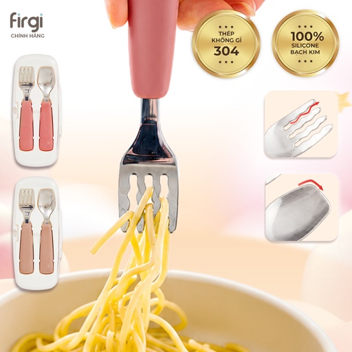 Bộ Muỗng Nĩa Bằng Thép Không Gỉ Cho Bé Ăn Dặm Tự Chỉ Huy Firgi Hàn Quốc (Kèm Hộp Đựng)