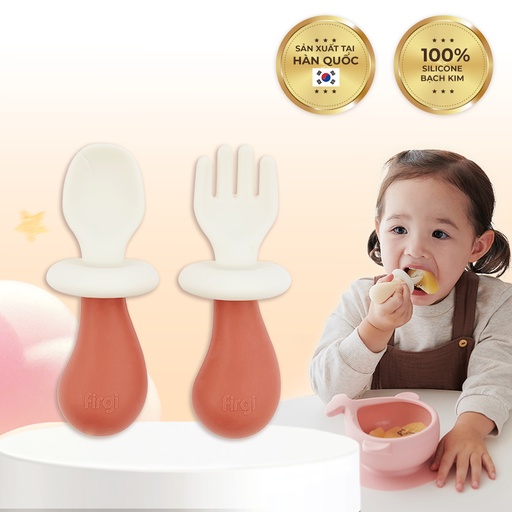 Bộ Muỗng Nĩa Ăn Dặm Platinum Silicone Firgi Hàn Quốc Hình Nấm Bé Tự Chỉ Huy (Kèm Hộp Đựng)