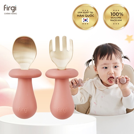 Firgi Korea Silicone & Stainless Steel Mushroom Baby-Led Weaning Spoon & Fork Set with Case