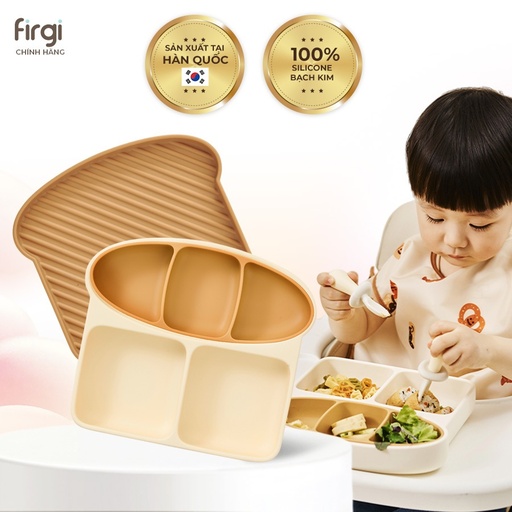 Firgi 실리콘 식빵 모양 칸막이 흘림방지 흡착 이유식 식판 (뚜껑 포함)